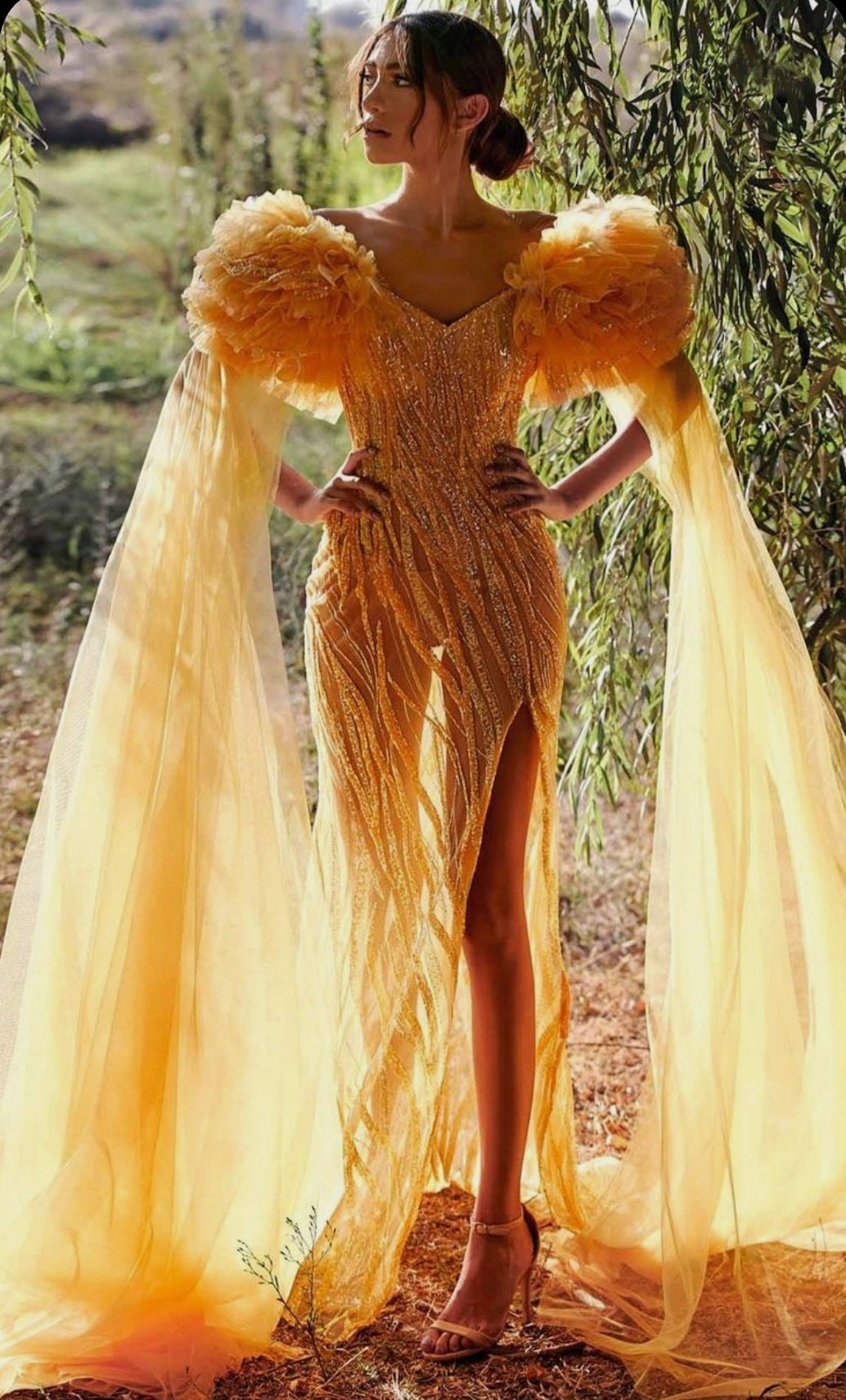 Detached Shoulder Puff Tulle & Sequins Dramatic Floor Length Draped Sleeves