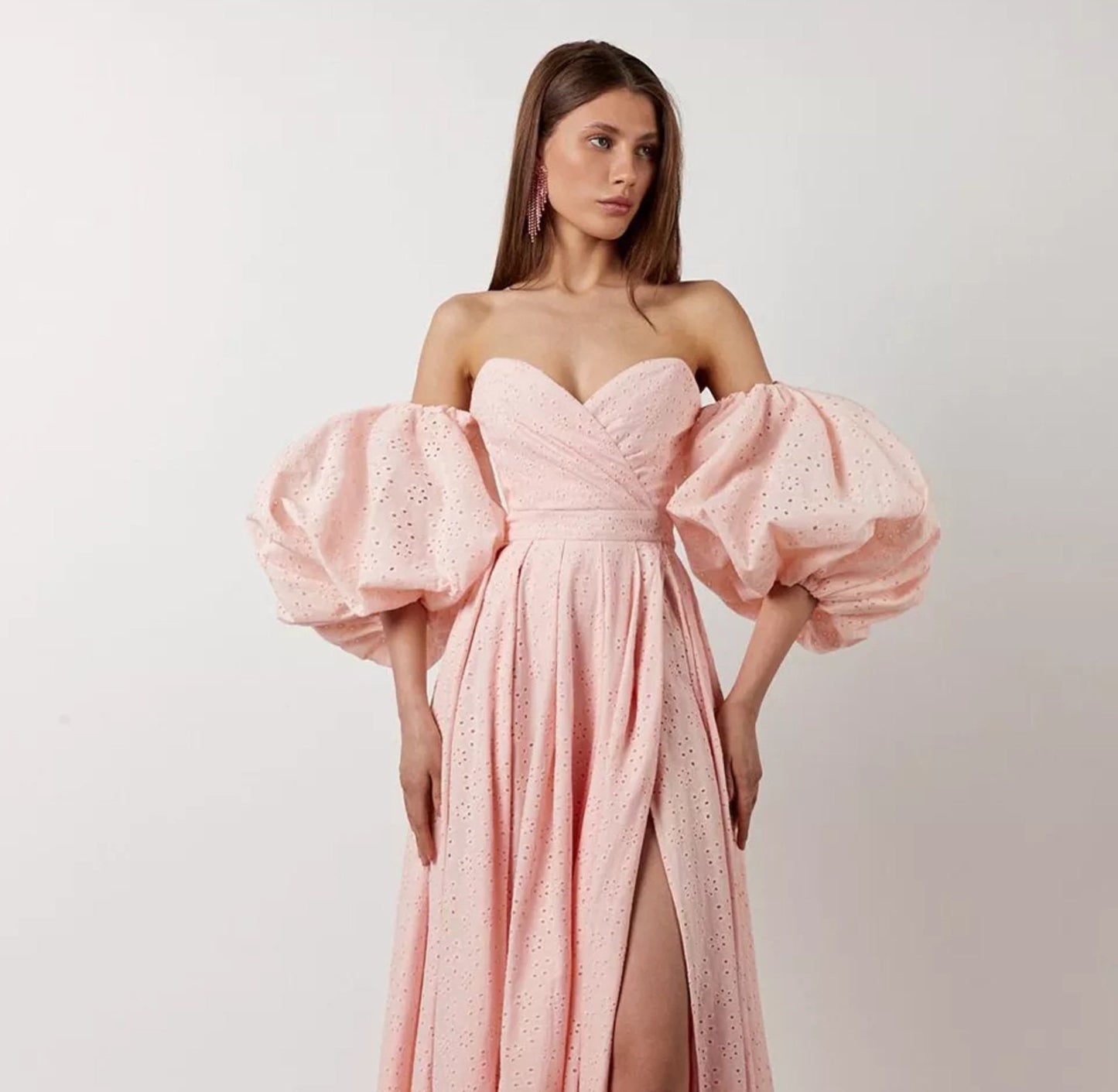 Hollowed Out Floral Design Detached Puff Sleeves