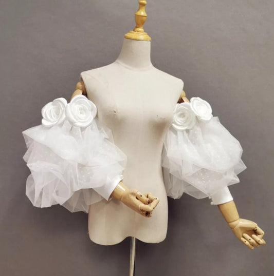 Triple Satin Rose & Polka Dotted Tulle Detached Puff Sleeves