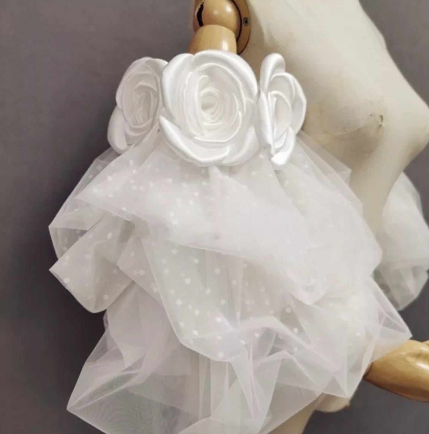 Triple Satin Rose & Polka Dotted Tulle Detached Puff Sleeves