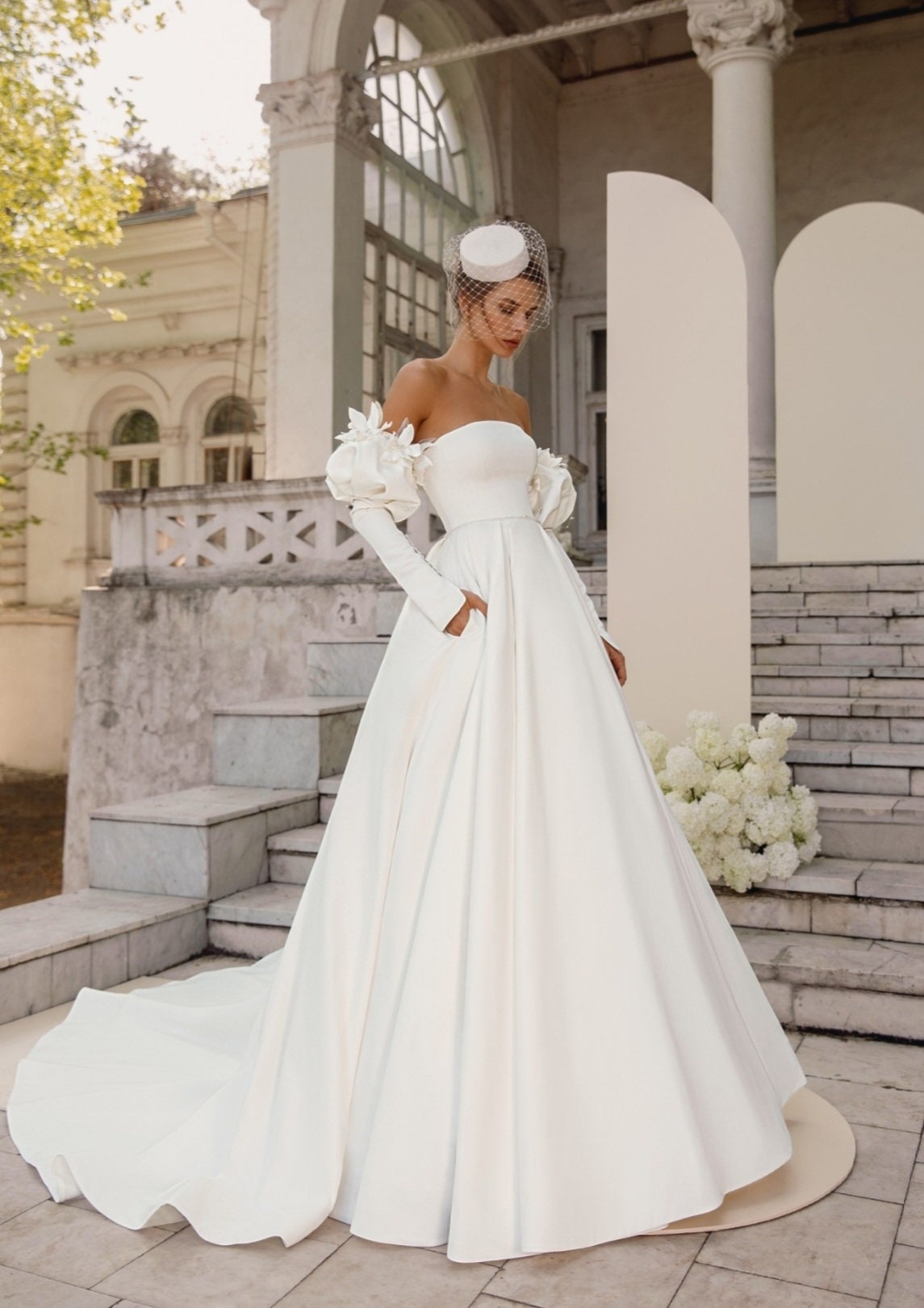 Sophisticated Beaded Pearl 3D Floral Victorian Style Detached Satin Sleeves