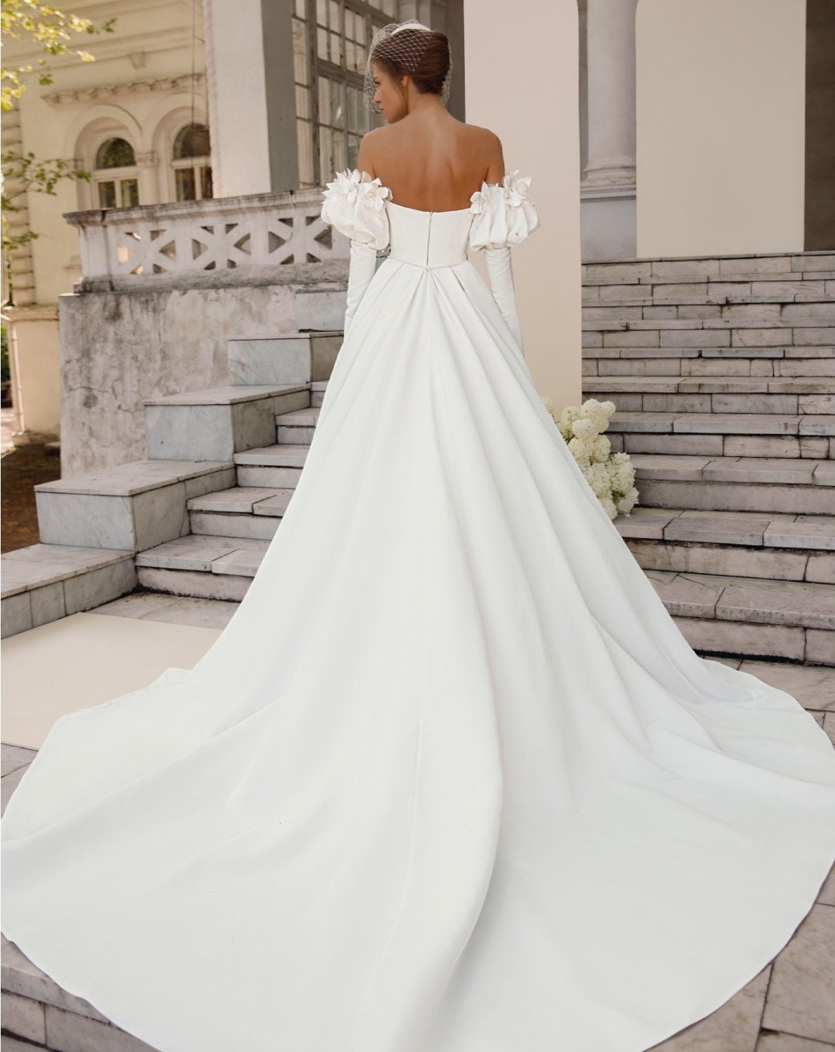 Sophisticated Beaded Pearl 3D Floral Victorian Style Detached Satin Sleeves