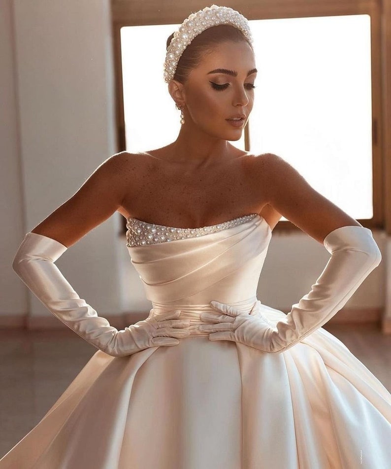satin pearl wedding dress A-Line Pearls Strapless Satin Casual Wedding Dress Bridal Gowns With Split QW8045 US2 / Ivory