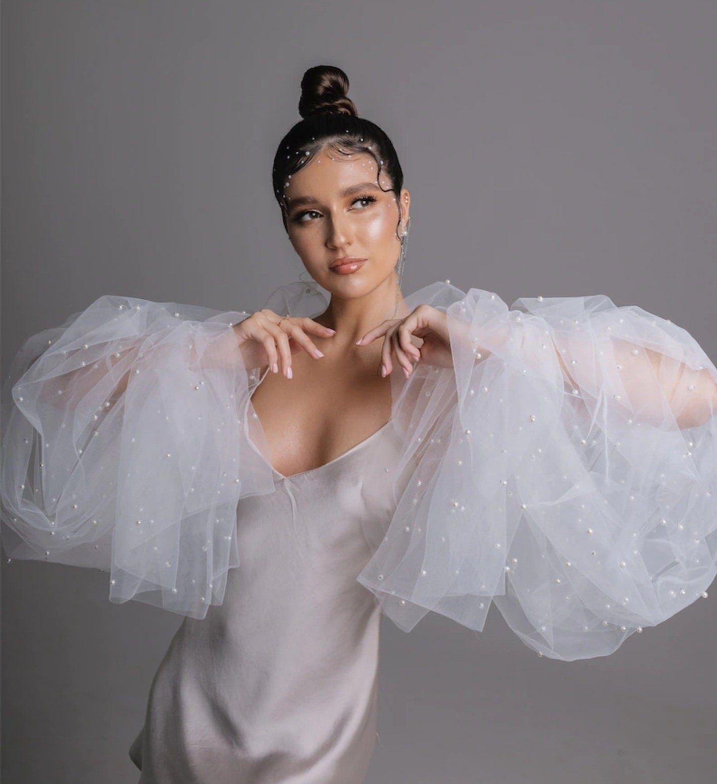 Detached Layered Sheer Tulle Pearl Beaded Dramatic Balloon Sleeves