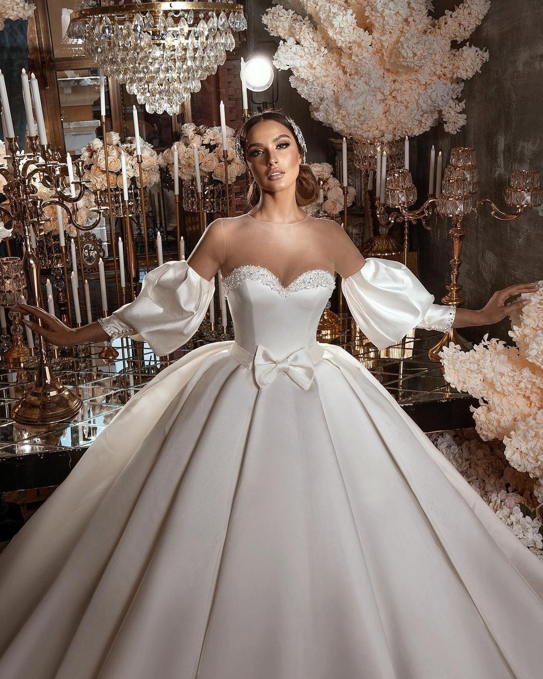 Rhinestone Embellished Sweetheart Satin Princess Ball Wedding Gown With Bow Sash & Matching Detached Sleeves