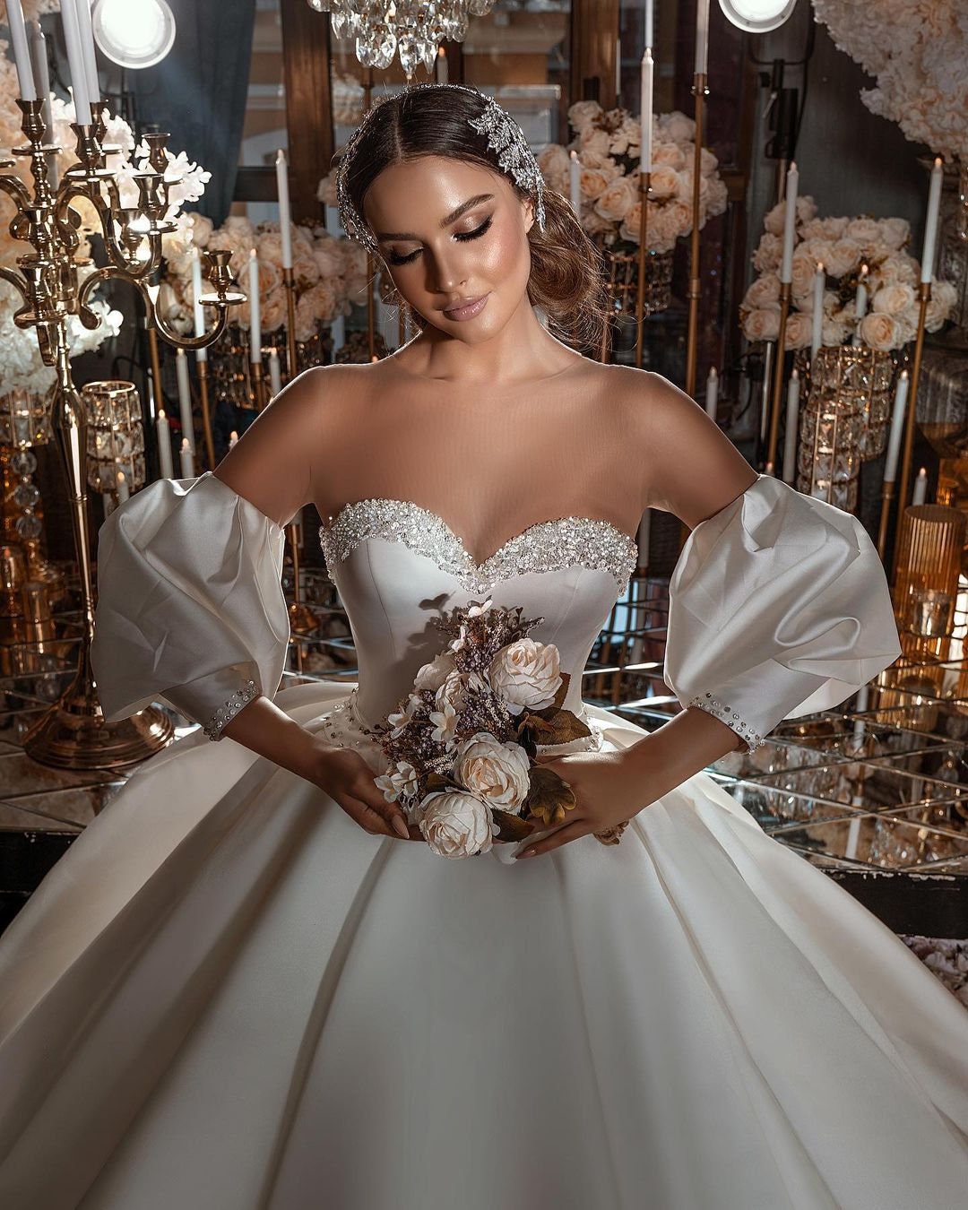 Rhinestone Embellished Sweetheart Satin Princess Ball Wedding Gown With Bow Sash & Matching Detached Sleeves