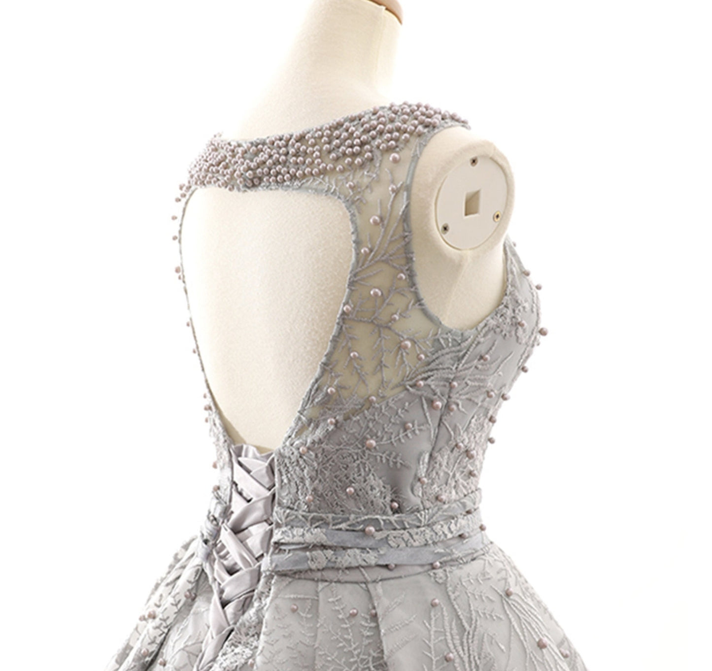 Open Back Sleeveless Pearl Beaded Lace Dress