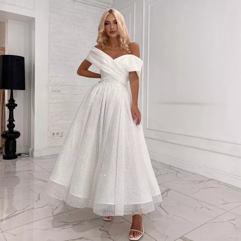 Tea Length Glitter Tulle Off The Shoulder Dress WenLeeBridal Tea Length Glitter Tulle Off The Shoulder Dress WenLeeBridal
