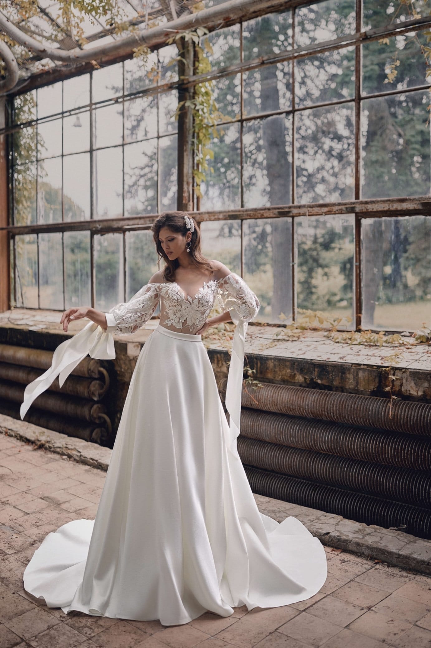 Satin Floral Off The Shoulder Illusion A-Line Gown