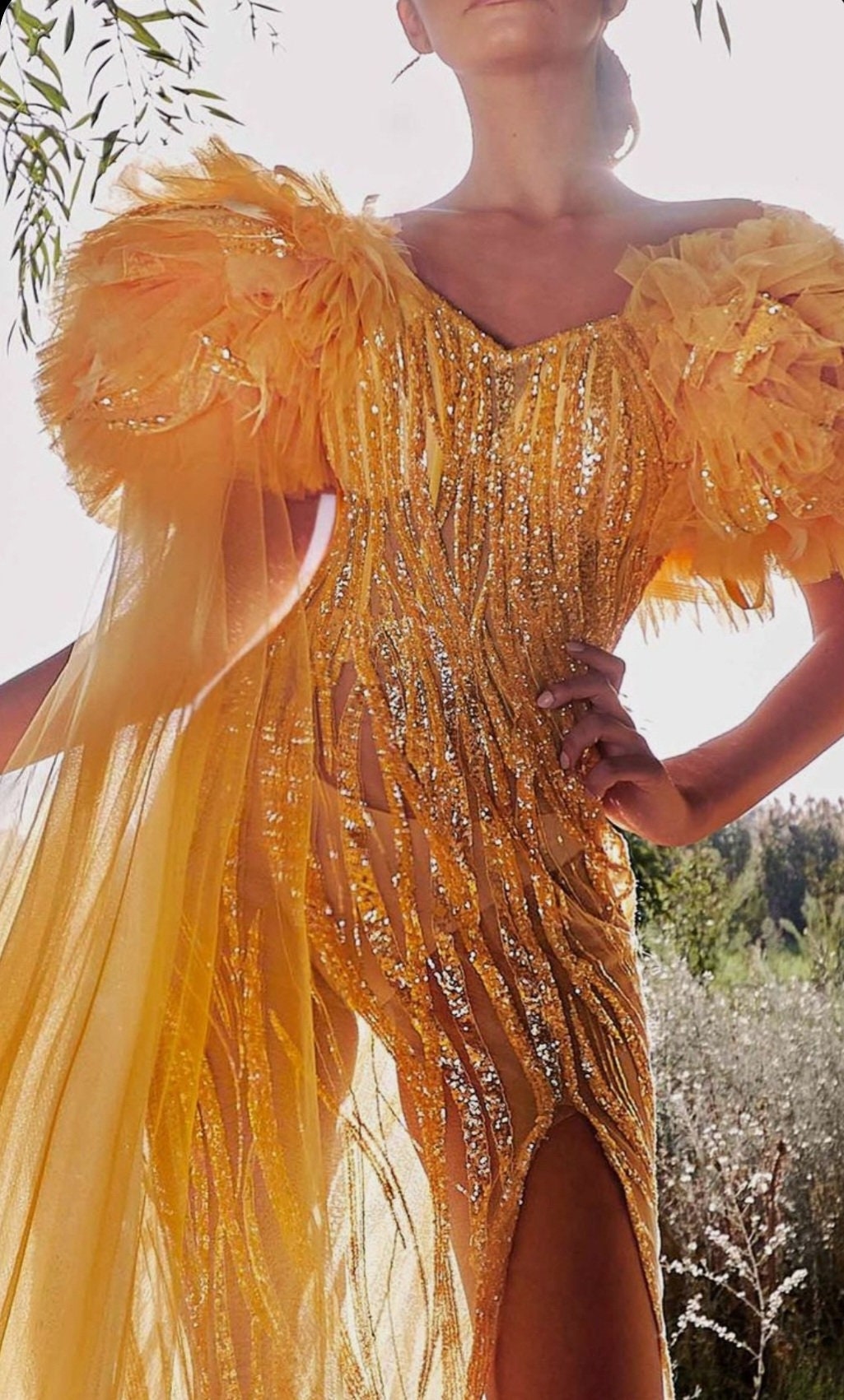 Detached Shoulder Puff Tulle & Sequins Dramatic Floor Length Draped Sleeves