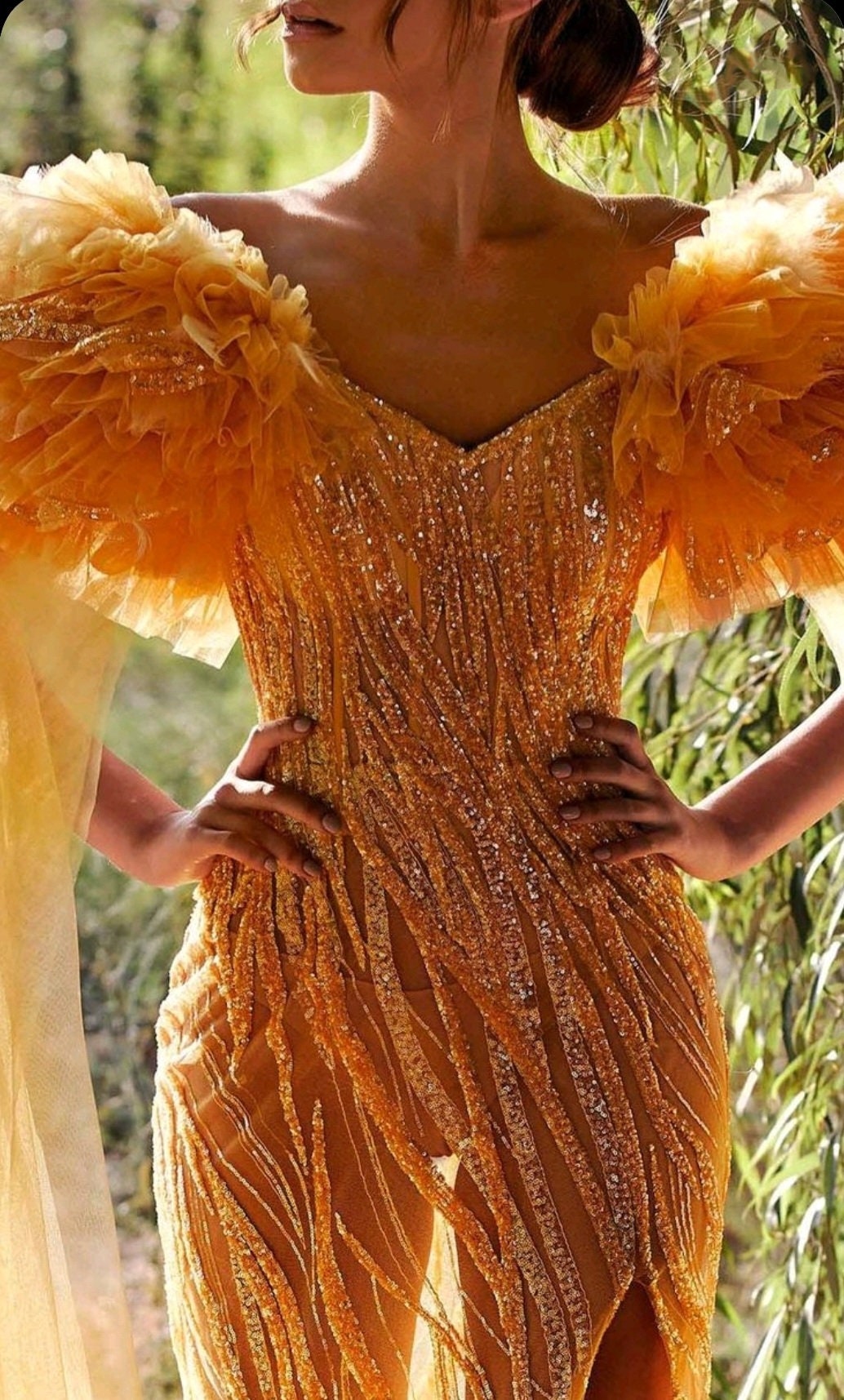 Detached Shoulder Puff Tulle & Sequins Dramatic Floor Length Draped Sleeves