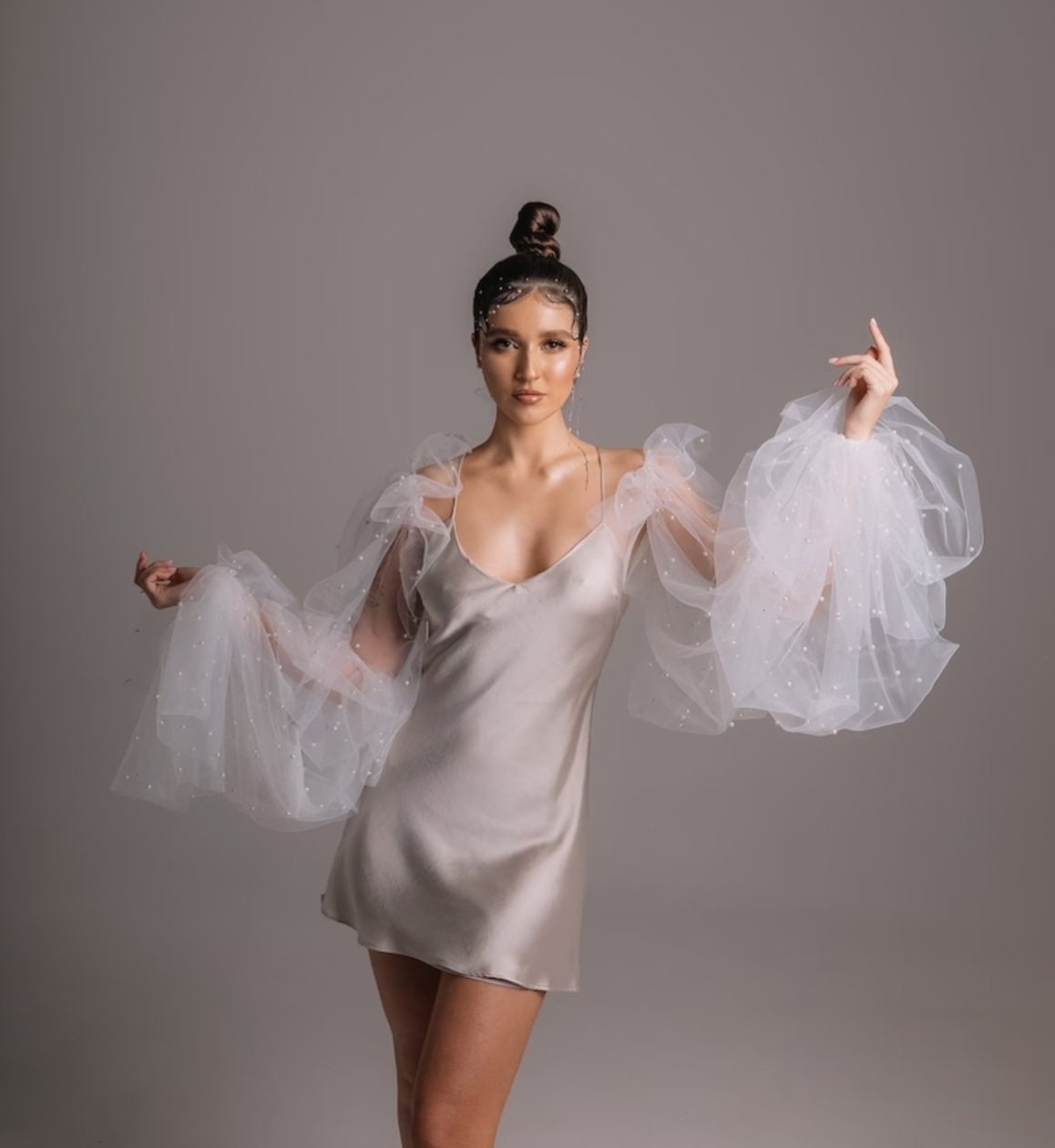 Detached Layered Sheer Tulle Pearl Beaded Dramatic Balloon Sleeves