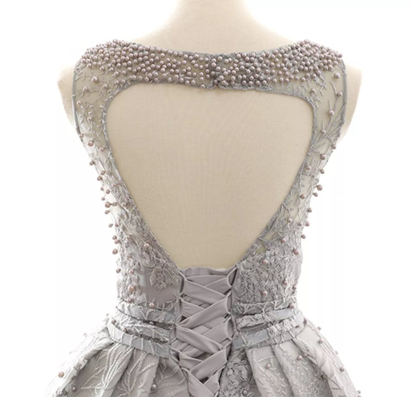 Open Back Sleeveless Pearl Beaded Lace Dress