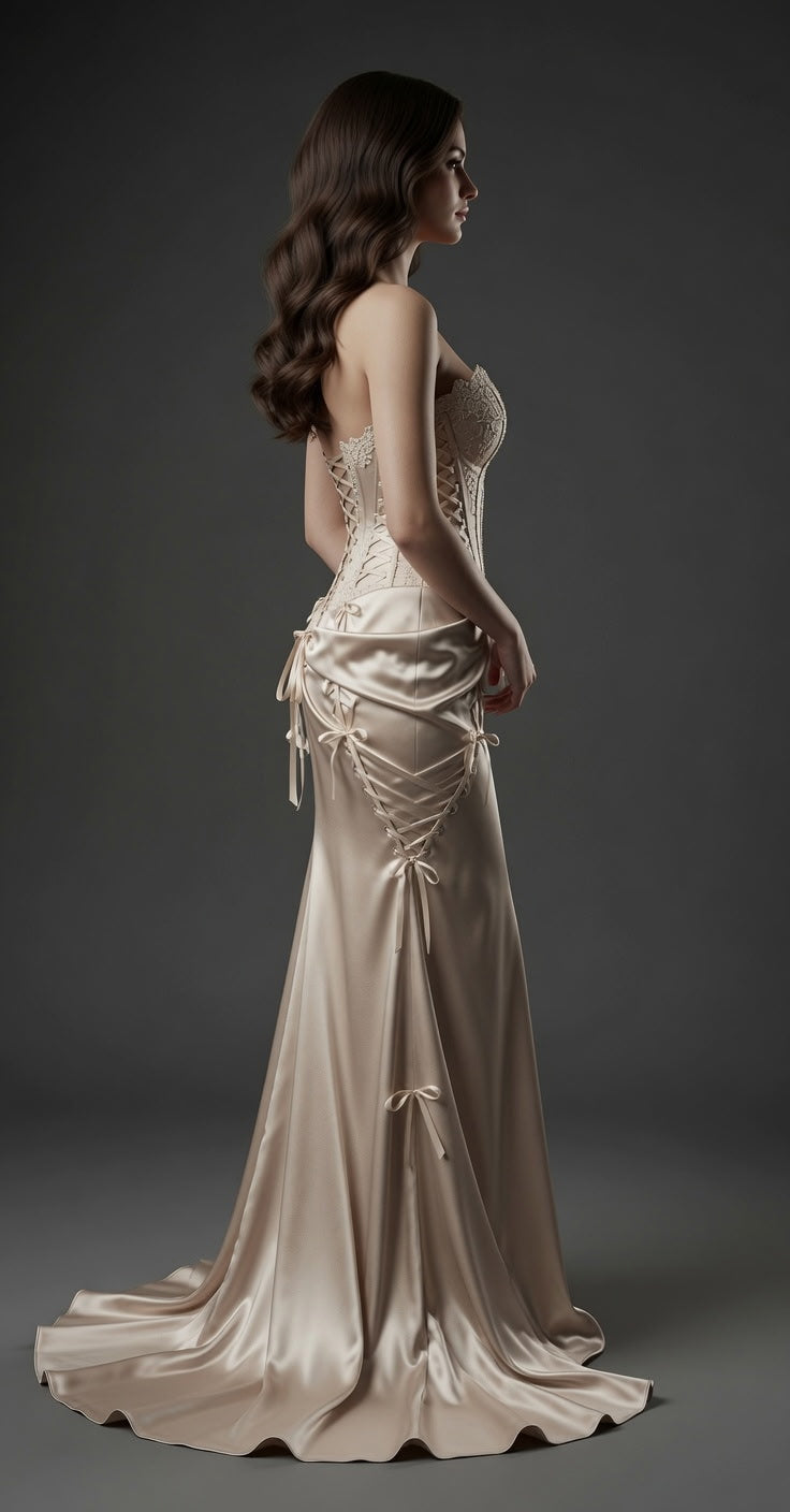 Elegantly Exquisite Ruched Strapless Multi Bow Detail Form Fitted Lace Up Corset Gown