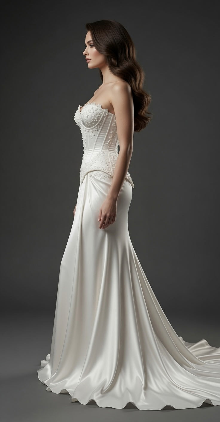 Strapless Floral Lace Embroidered Sweetheart Corset Ruched Trumpet Gown