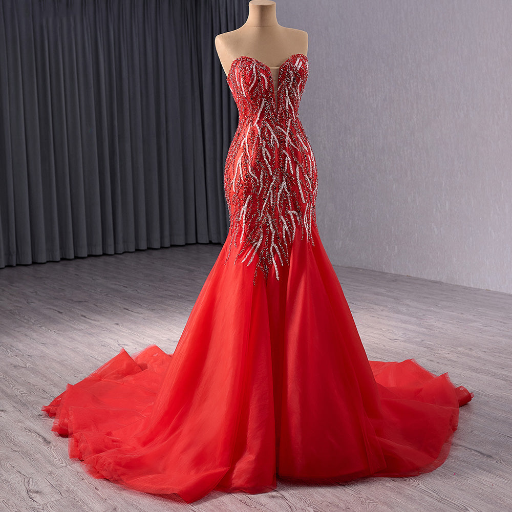 2024 Red Trumpet/Mermaid Multi Beaded Shimmering Sequin Sweetheart Gown