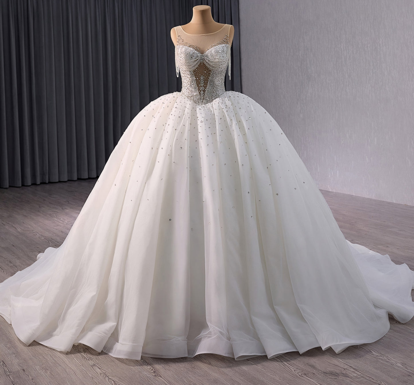 Gorgeous Sleeveless 2024 Draped And Scattered Crystal Beaded Illusion Sweetheart & Bodice Bridal Gown