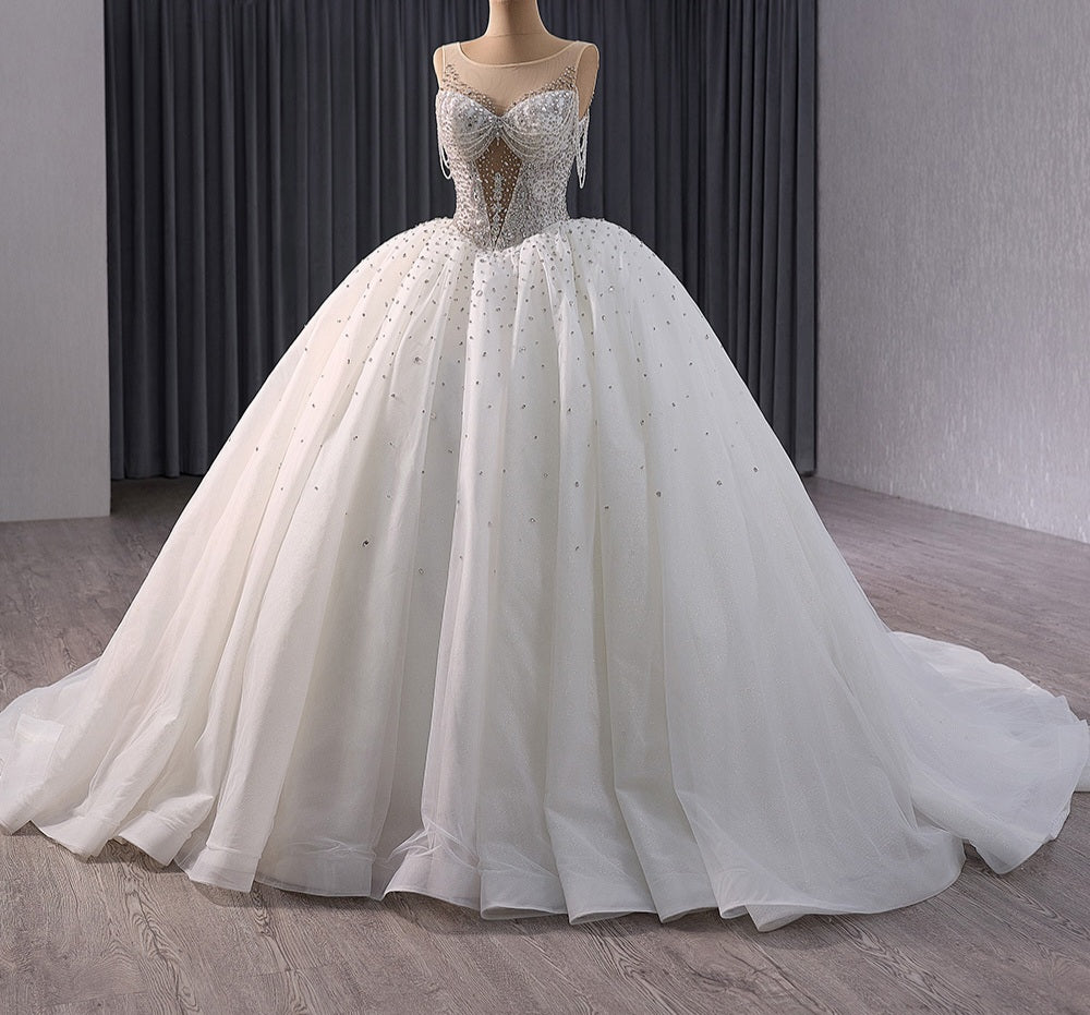 Gorgeous Sleeveless 2024 Draped And Scattered Crystal Beaded Illusion Sweetheart & Bodice Bridal Gown