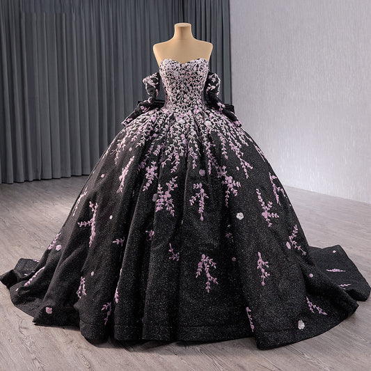 2024 Sequin Floral Appliqué Vine Sweetheart A-Line Ball Gown With Detached Sleeves