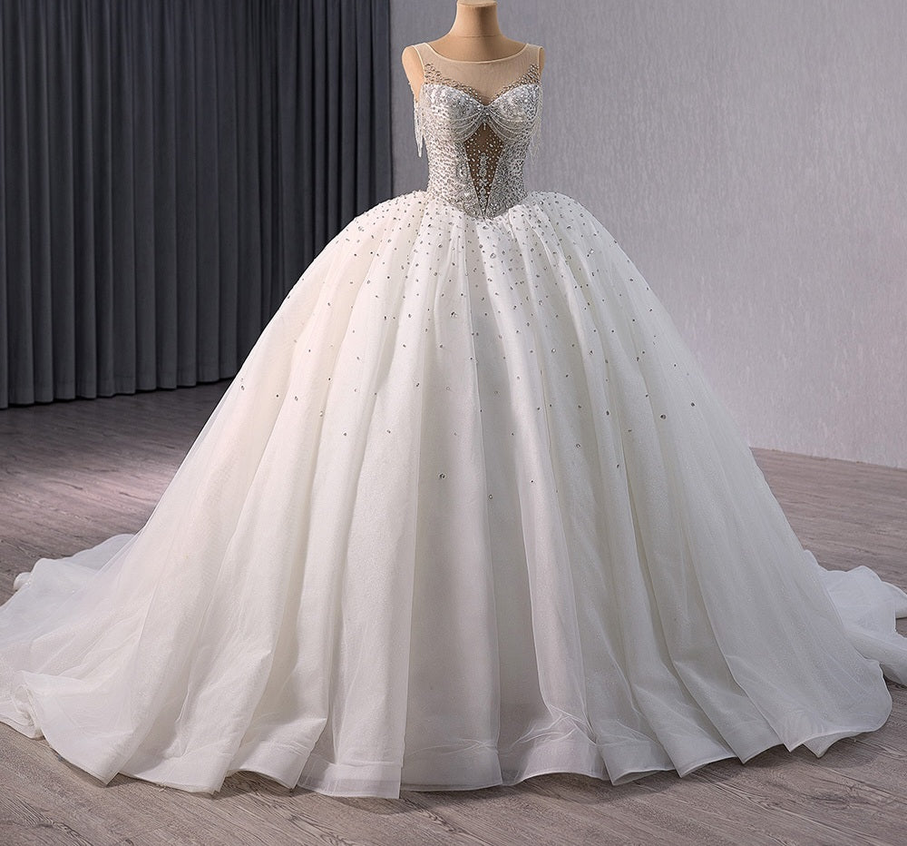 Gorgeous Sleeveless 2024 Draped And Scattered Crystal Beaded Illusion Sweetheart & Bodice Bridal Gown