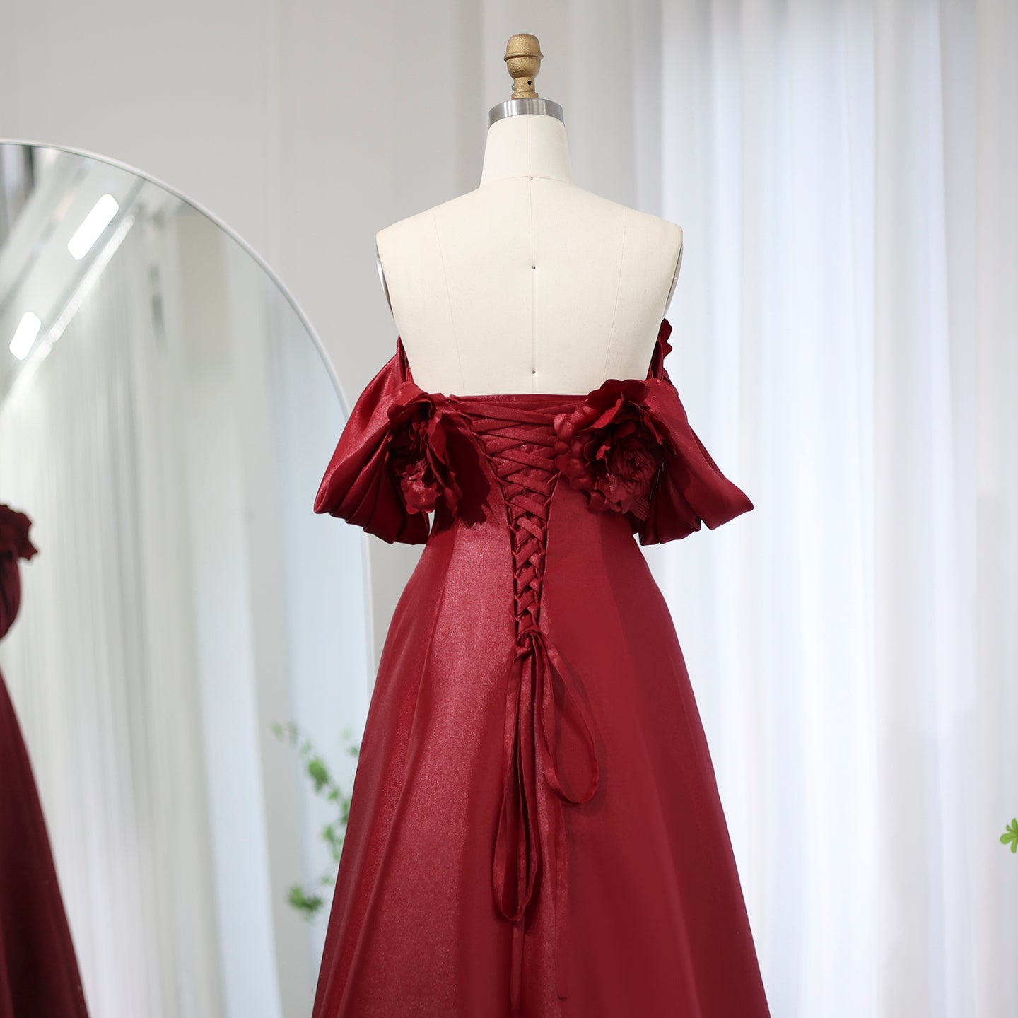 Burgundy Satin Oversized Bold Floral A-Line Mother Of The Bride, Special Occasion, Homecoming, Event Dress