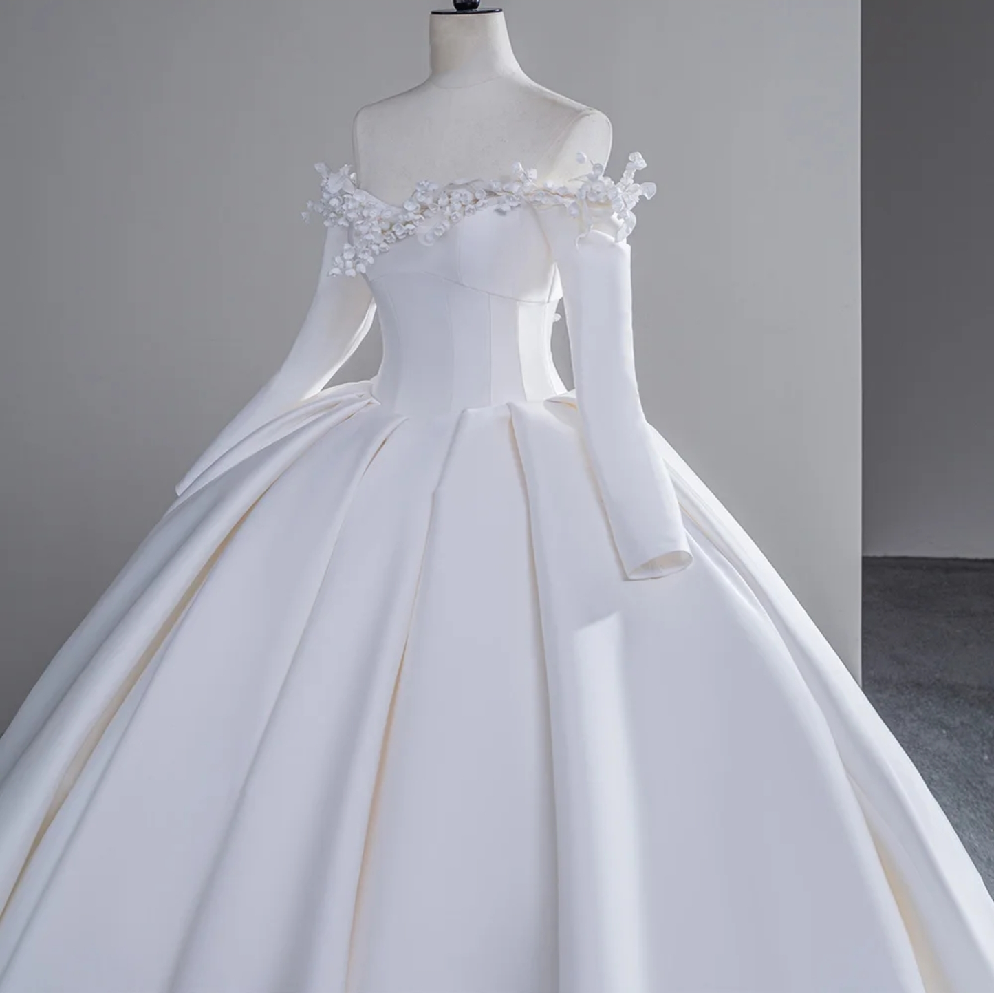 Off The Shoulder Minimalist 3/4 Sleeve Scoop Neck Satin Pleated A-Line Bridal And Ceremony 2024 Gown With Floral Detail