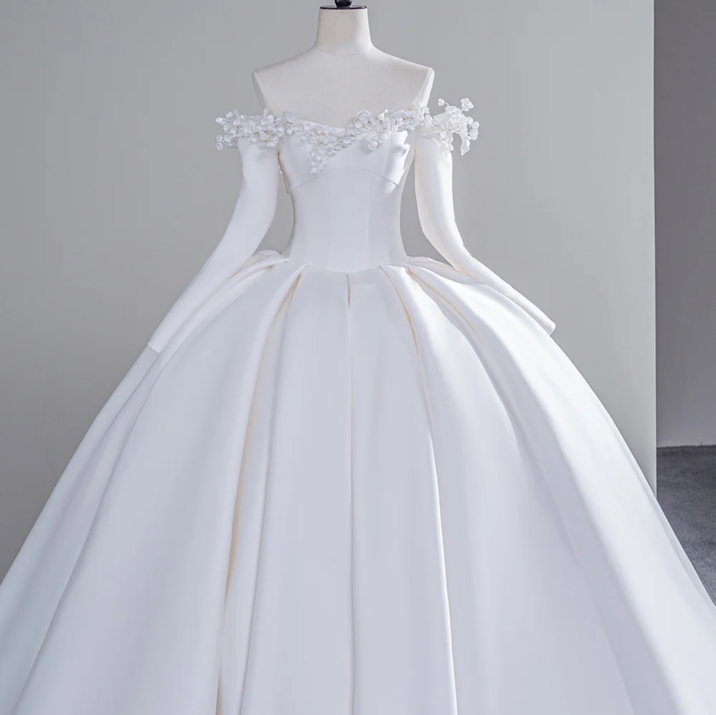 Off The Shoulder Minimalist 3/4 Sleeve Scoop Neck Satin Pleated A-Line Bridal And Ceremony 2024 Gown With Floral Detail