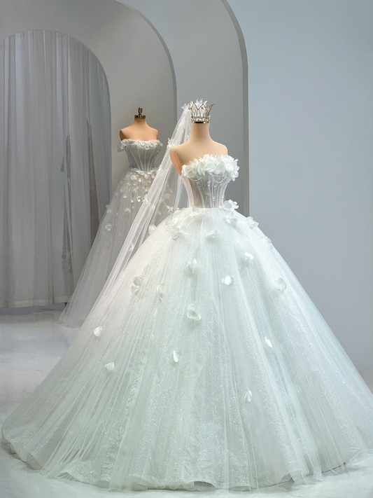 Elegant Princess A-Line Strapless Floral Motiff Boat Neck Lace Corset Beaded Detail Wedding And Bridal Gown