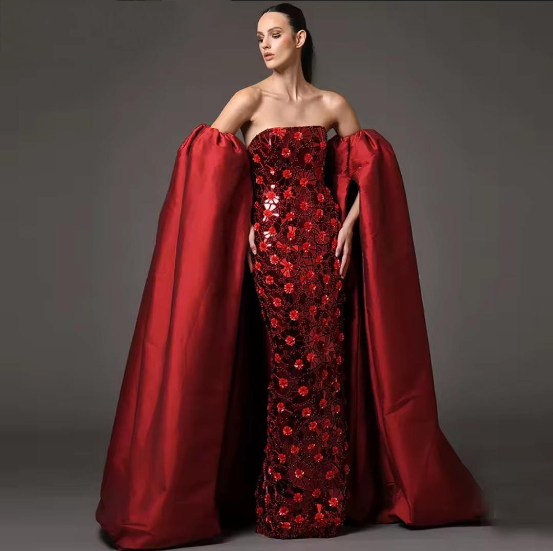 Satin Floor Length Split Bicep Dramatic Detached Sleeves