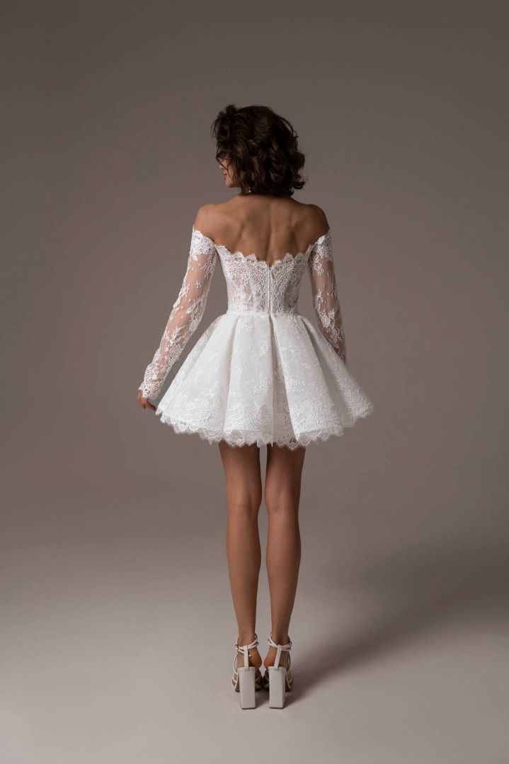 Precious Eyelash Lace Off The Shoulder Long Sleeve Above The Knee Mini Bridal And Ceremonial Dress