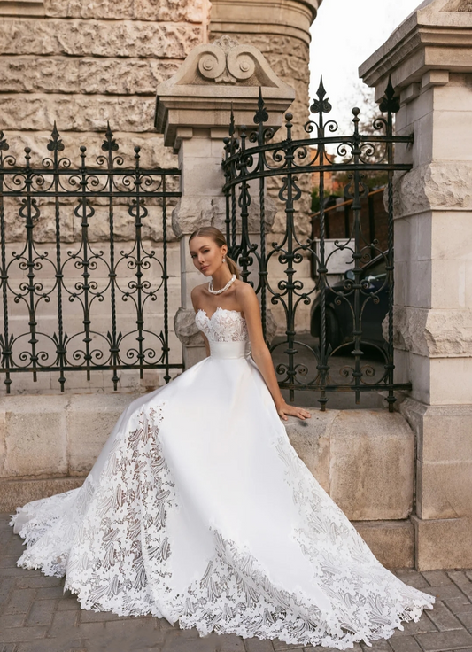 Sweetheart Strapless Delicate Floral Lace And Satin Bridal Gown