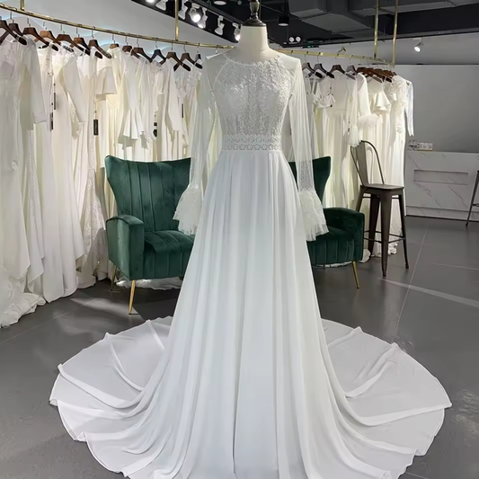 Romantic And Modest Boho Long Sleeve Lace Bodice Bridal, Ceremonial And Vow Renewal Gown