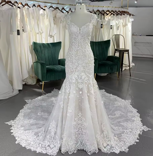 Elegant Lace Cap Sleeve Sweetheart Fit To Flare 2025 Mermaid Bridal Gown
