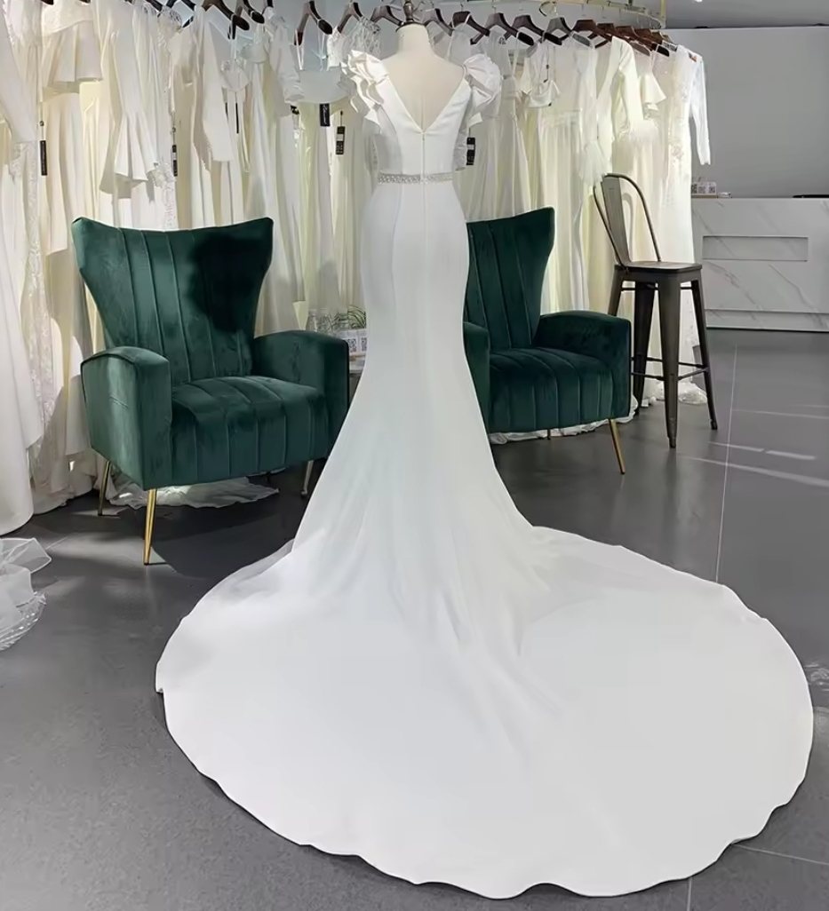 Ruffled Cap Sleeve V Neck And Pearl Beaded Minimalist Lace Waist Bridal, Ceremonial And Vow Renewal Mermaid Gown