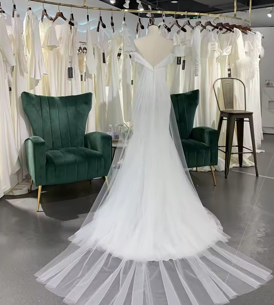 Pleated Off The Shoulder Sweetheart Sequinned Trumpet Bridal & Ceremonial Gown With Front Floral Beaded Embellishment And Back Train