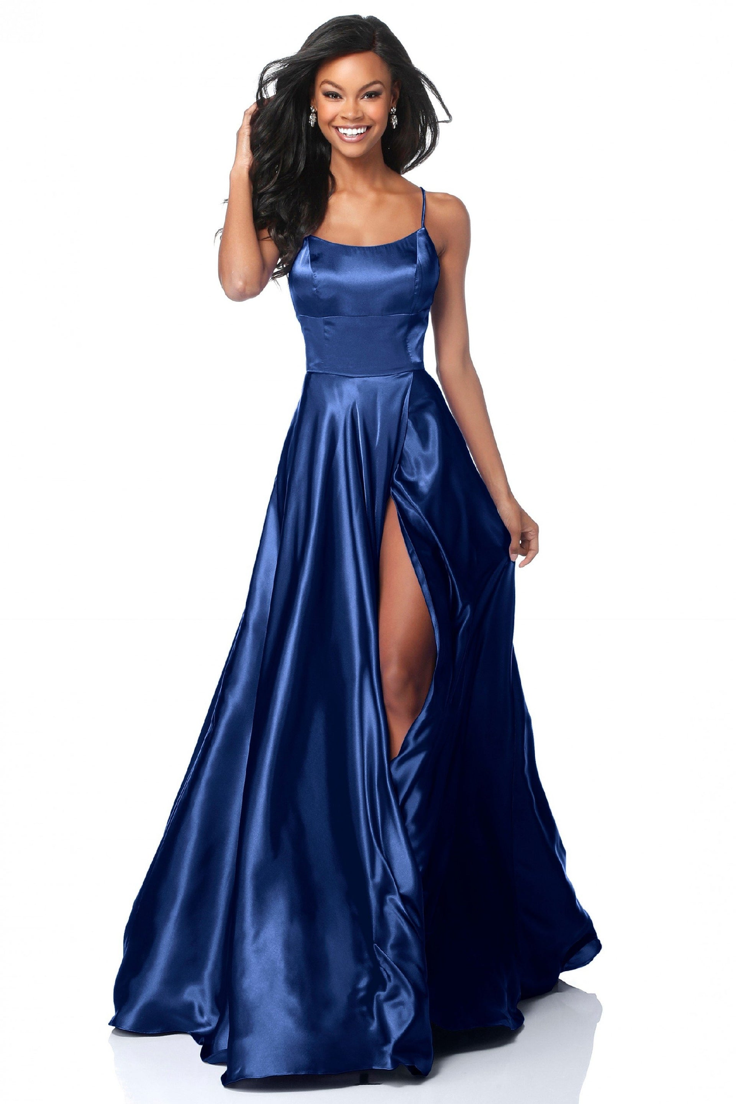 Strappy A-Line Satin Bridesmaid/Maid Of Honor Dress With Lace Up Back And High Skirt Slit