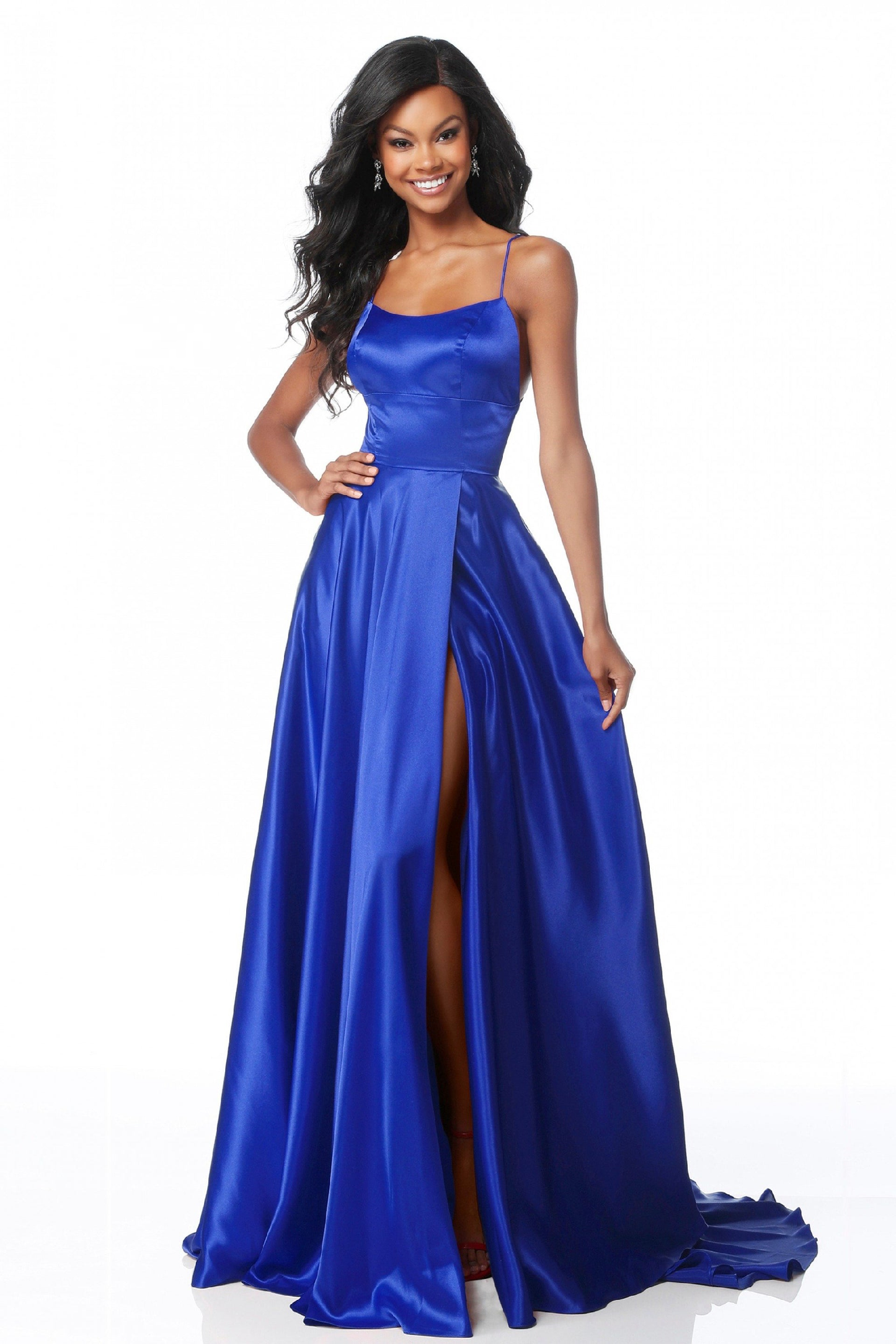 Strappy A-Line Satin Bridesmaid/Maid Of Honor Dress With Lace Up Back And High Skirt Slit