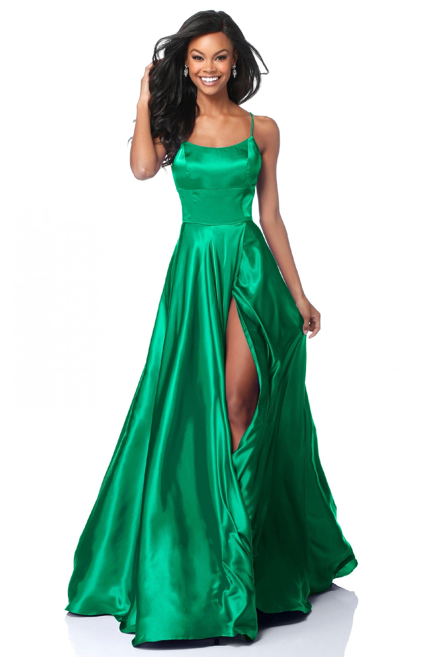 Strappy A-Line Satin Bridesmaid/Maid Of Honor Dress With Lace Up Back And High Skirt Slit