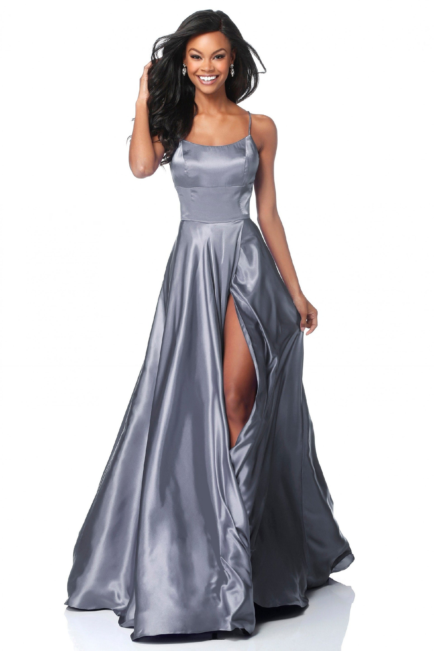 Strappy A-Line Satin Bridesmaid/Maid Of Honor Dress With Lace Up Back And High Skirt Slit