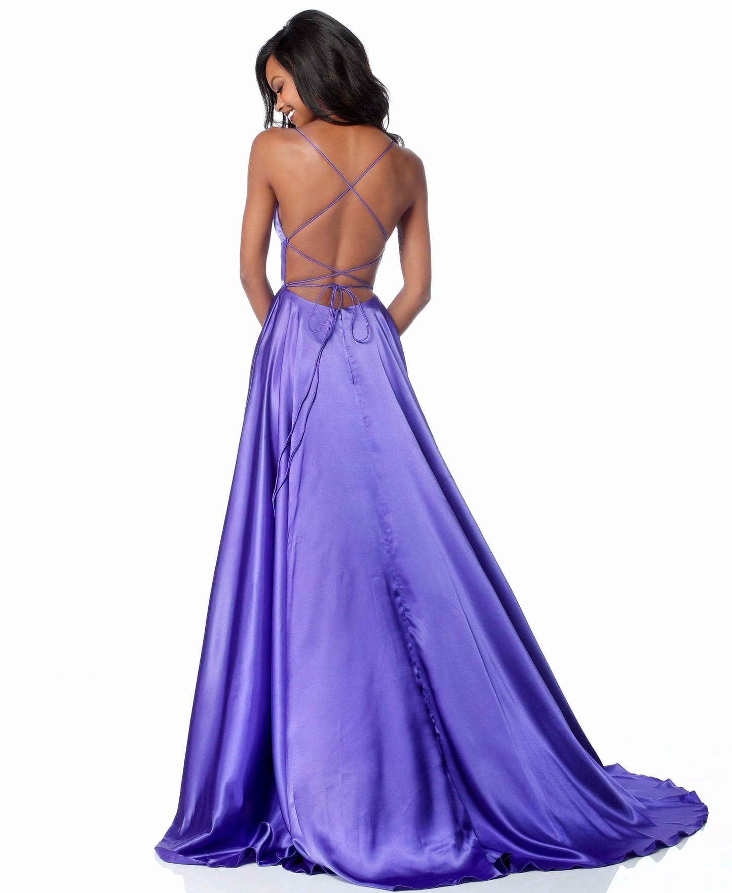 Strappy A-Line Satin Bridesmaid/Maid Of Honor Dress With Lace Up Back And High Skirt Slit