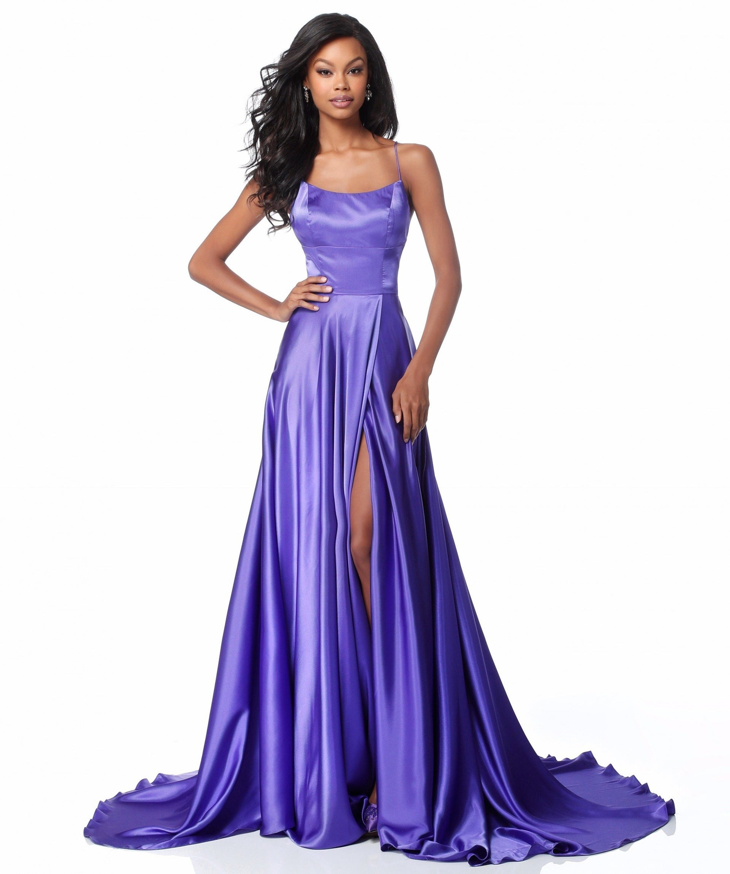 Strappy A-Line Satin Bridesmaid/Maid Of Honor Dress With Lace Up Back And High Skirt Slit