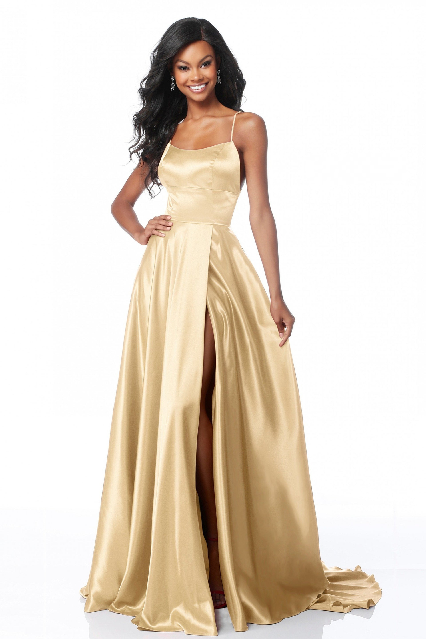Strappy A-Line Satin Bridesmaid/Maid Of Honor Dress With Lace Up Back And High Skirt Slit