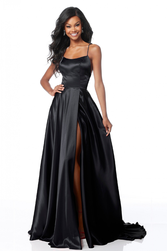 Strappy A-Line Satin Bridesmaid/Maid Of Honor Dress With Lace Up Back And High Skirt Slit