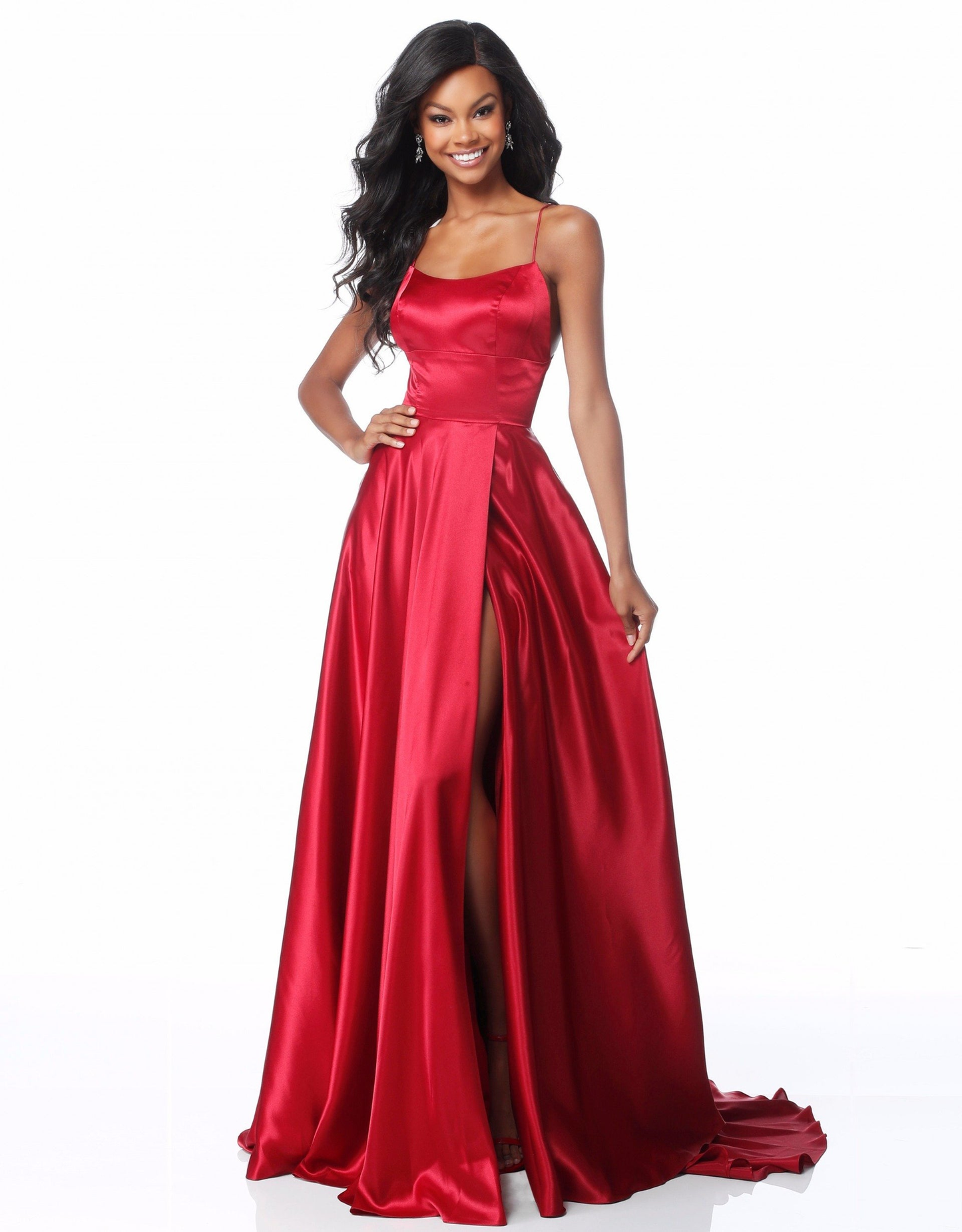 Strappy A-Line Satin Bridesmaid/Maid Of Honor Dress With Lace Up Back And High Skirt Slit