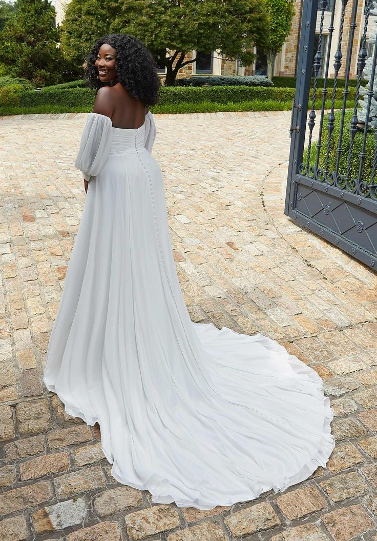 Effortless V Neck Minimalist Pleated Chiffon Bridal Ceremonial Gown With Matching Detached Sleeves