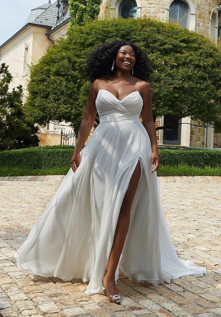 Effortless V Neck Minimalist Pleated Chiffon Bridal Ceremonial Gown With Matching Detached Sleeves