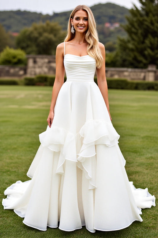 Chiffon Spaghetti Strap Multi Pleated Sweetheart Layered Free Flowing Floor Length Wedding Dress With Open Back