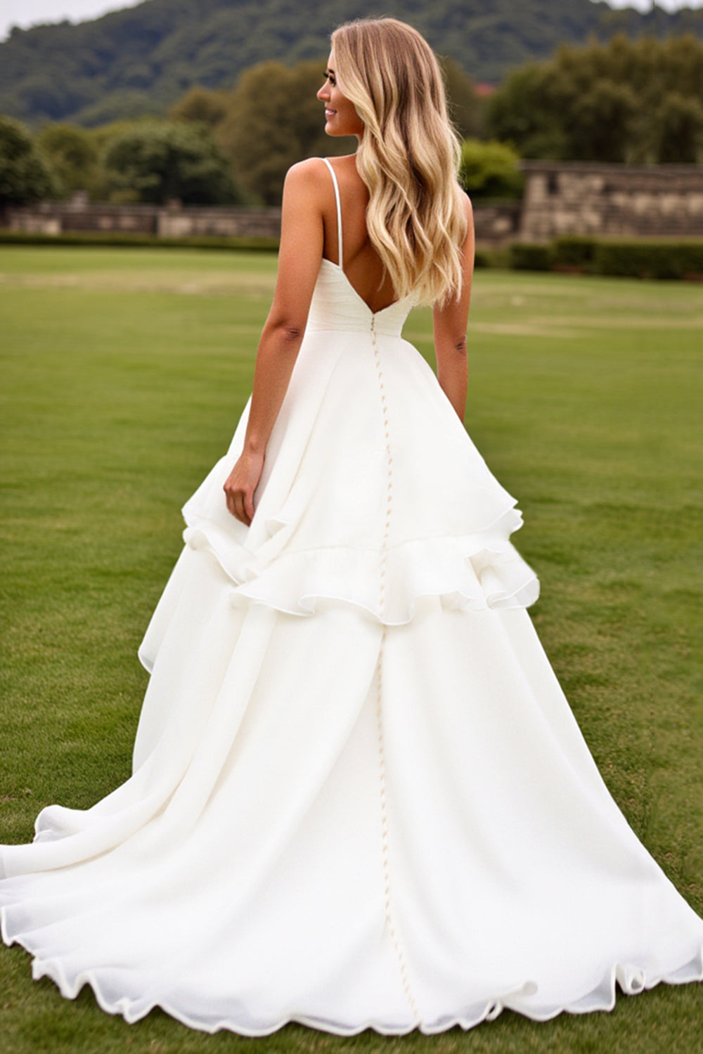 Chiffon Spaghetti Strap Multi Pleated Sweetheart Layered Free Flowing Floor Length Wedding Dress With Open Back