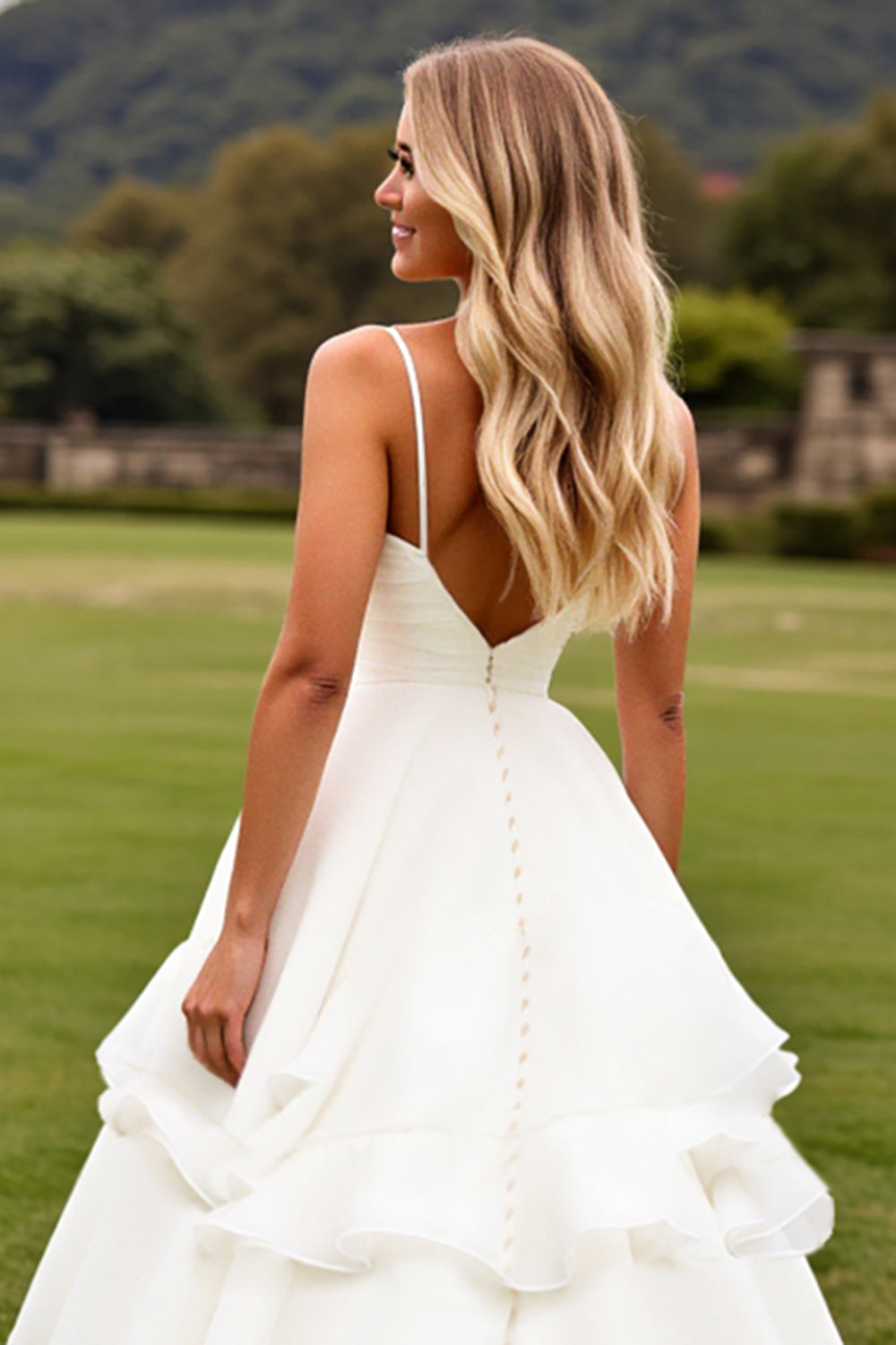 Chiffon Spaghetti Strap Multi Pleated Sweetheart Layered Free Flowing Floor Length Wedding Dress With Open Back
