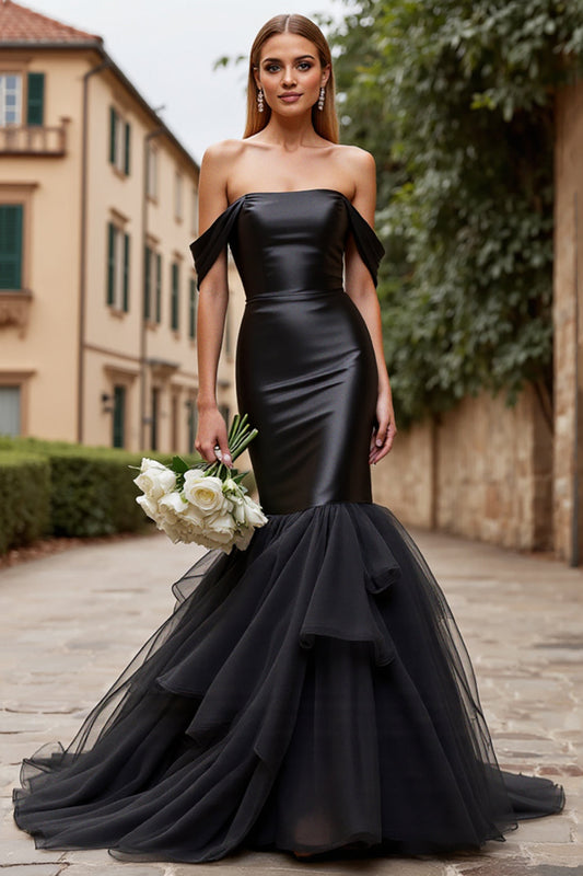 Gorgeously Black Elegance Off The Shoulder Fit To Layered Flare Mermaid Non-Traditional Bridal And Ceremonial Gown
